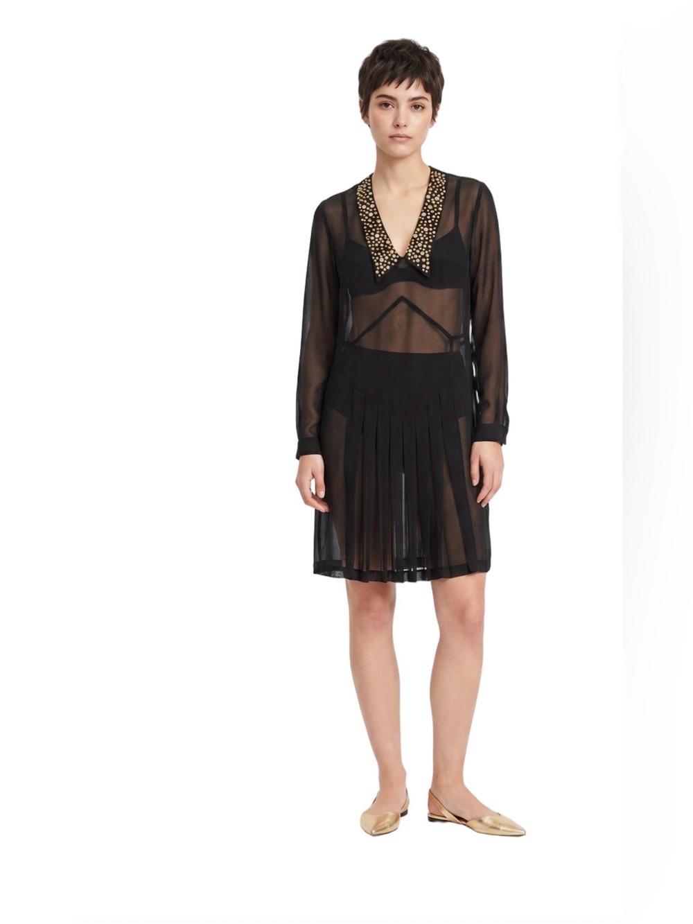 Honeybee Sheer Black Embellished Collar Dress Size Medium